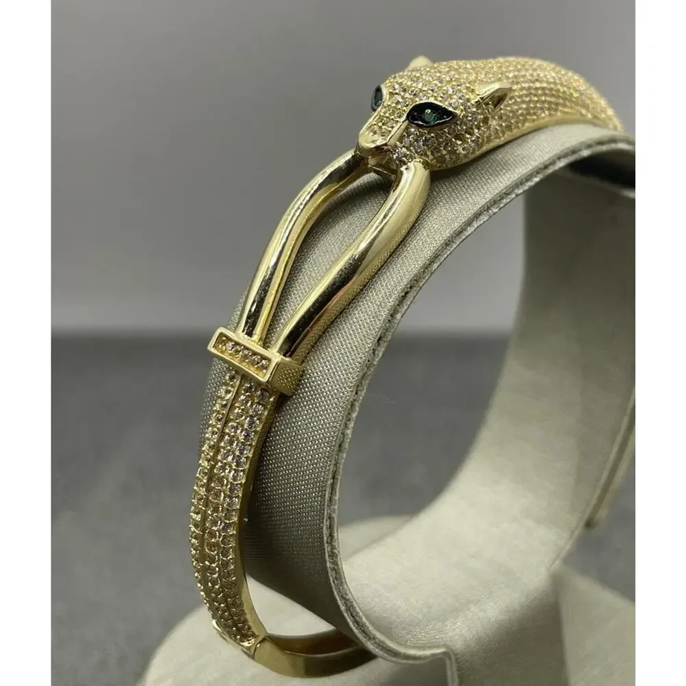 14K Yellow Gold Panther W/ Green Eyes Bangle Style Bracelet (22065)
